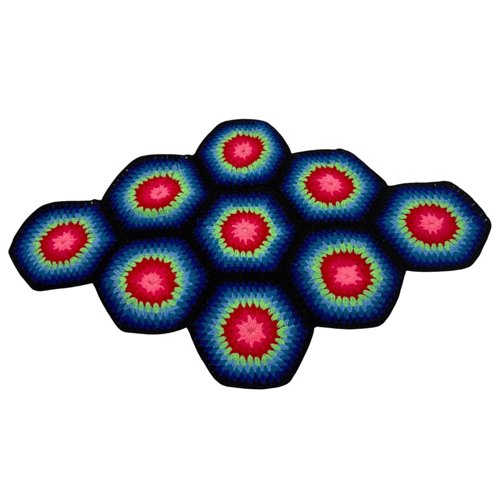 Vintage Handmade Crochet Table Runner Psychedelic Sunburst Hexagon Multi Color
